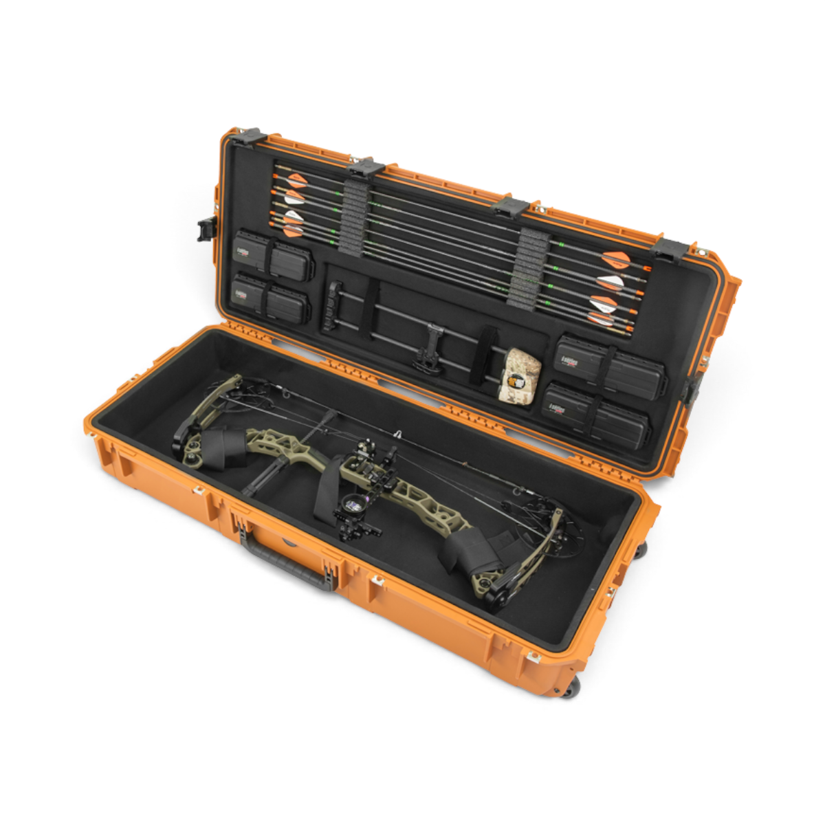 SKB Cases Pro Series large waterproof bow case in orange with interior storage for arrows and archery accessories.