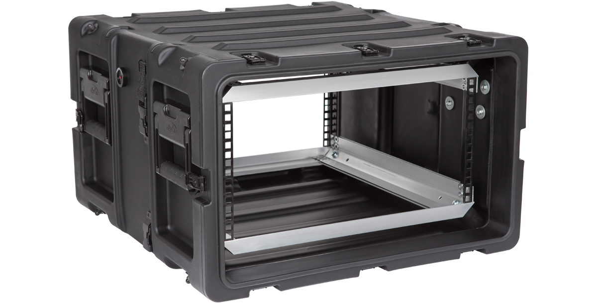 Angled front-right view of open 5U 20-inch SKB Shock Rack with visible shock-mounted aluminum frame and rugged exterior.
