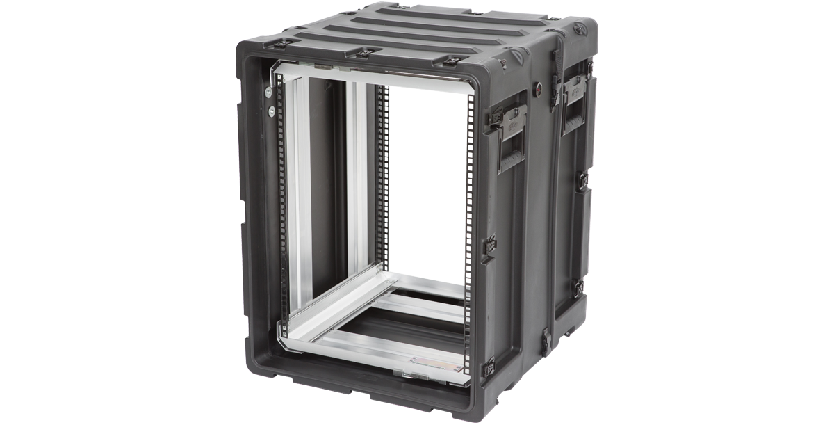 Side-angled view of 14U Shock Rack Case - 20-inch Shock Rack with visible latches and molded shell for secure transport of rack-mounted devices.