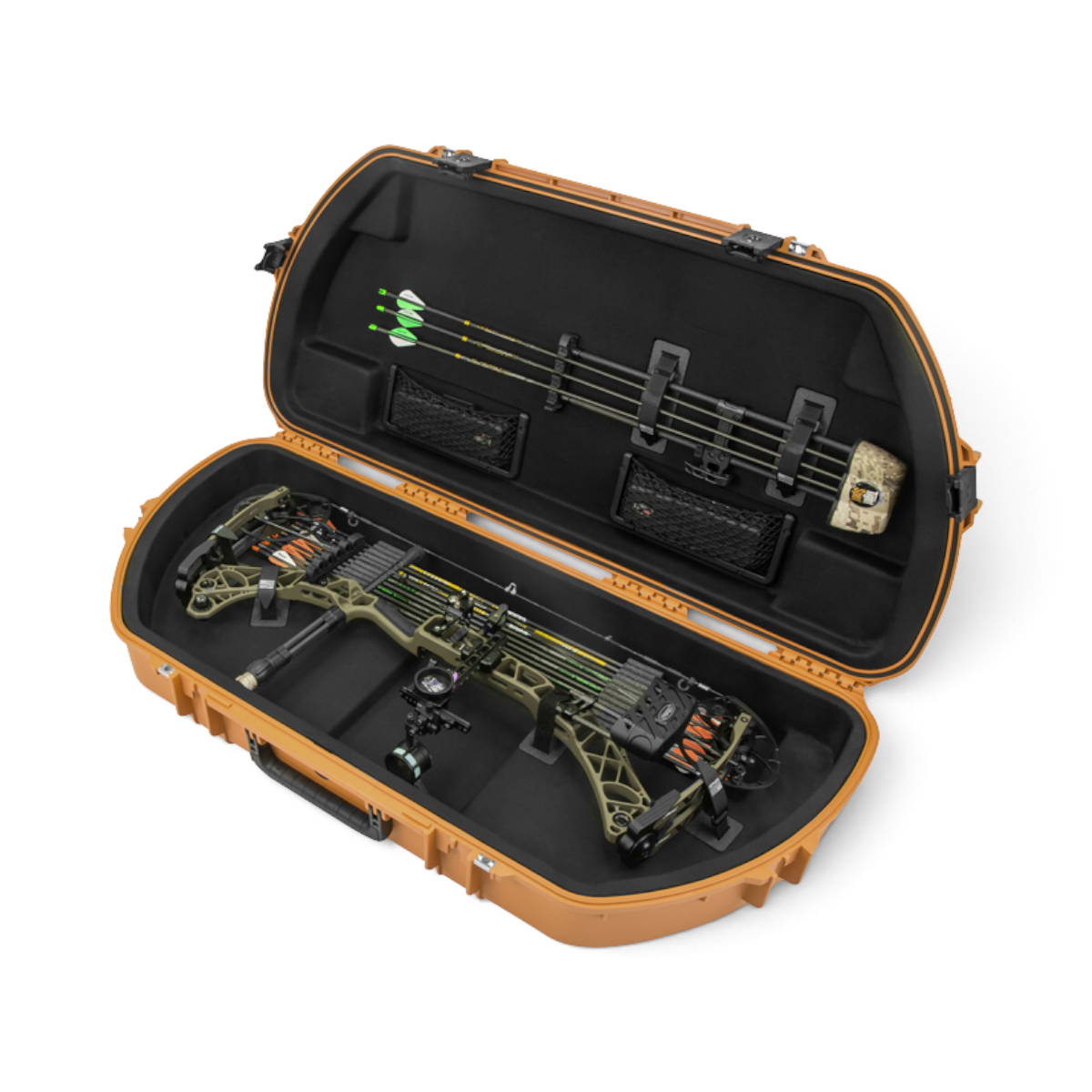 SKB Cases Pro Series coyote brown waterproof bow case open with compound bow, arrows, and interior storage pockets