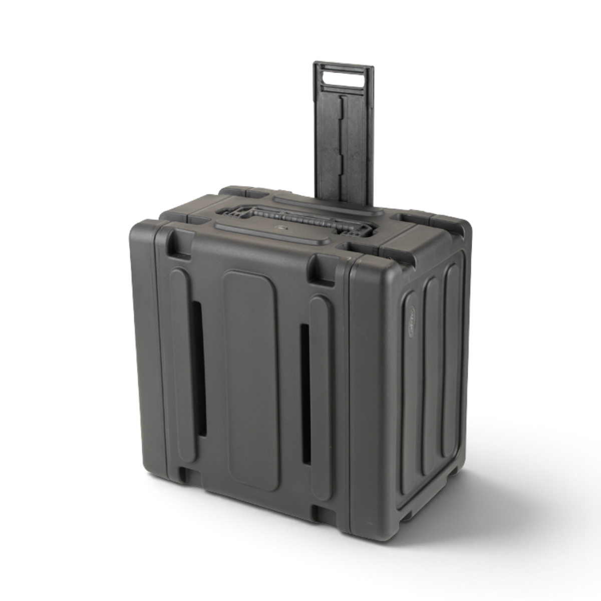 Rolling Shock Rack 20 Inch with extended pull handle and wheels, designed for portable and secure storage of rack-mounted accessories.