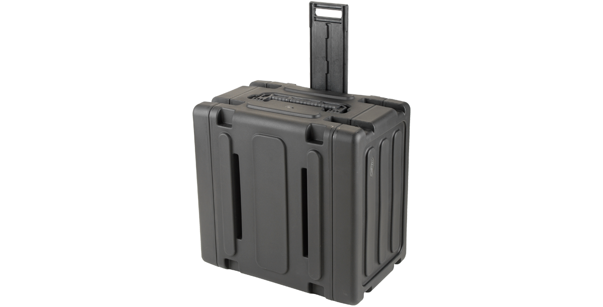 Rolling Shock Rack 20 Inch with extended pull handle and wheels, designed for portable and secure storage of rack-mounted accessories.