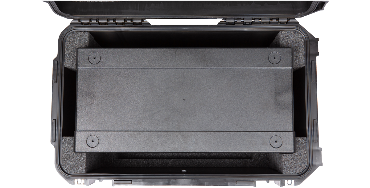 Top-down view of Injection Molded Shallow Rack - 4U iSeries Fly Rack with rack unit installed, ideal for pro audio transport.
