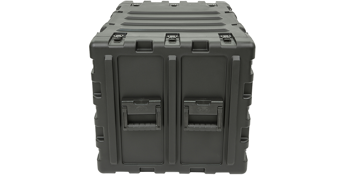 Back panel of 24-Inch SKB Shock Rack Case featuring secure latches and molded handles for easy transport and durability.