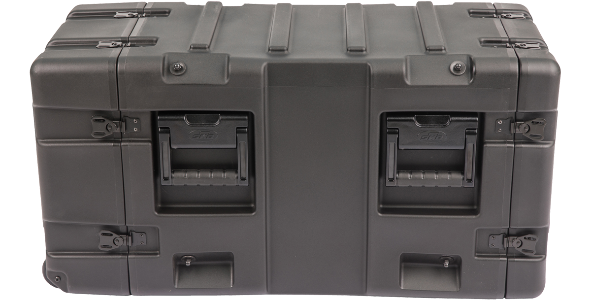Back view of 20-inch Shock Rack Case by SKB with secure latches and molded handles for safe and easy transport.