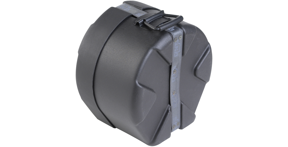 Angled view of Durable 6x12 Snare Case showing rugged roto-molded shell and reinforced strap for reliable stacking and transport.