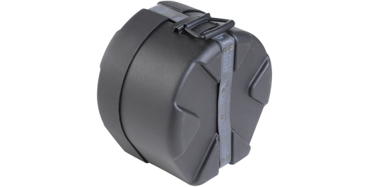 Angled view of Durable 6x12 Snare Case showing rugged roto-molded shell and reinforced strap for reliable stacking and transport.