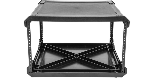 6U rack frame injection molded with steel rails, 20-inch deep flyRack for modular studio or audio setups. Lightweight and durable for quick deployment.