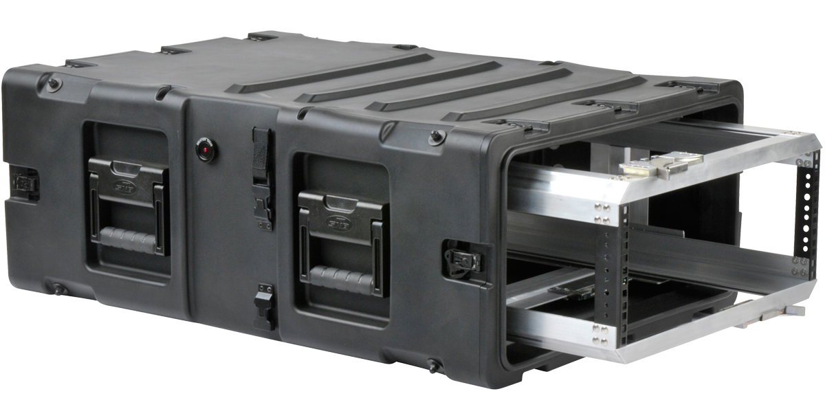 Angled open view of 4U RR Series Shockproof Rack by SKB, showcasing deep removable chassis and reinforced outer case.