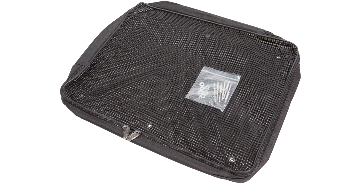 Angled view of SKB accessory pocket with visible mounting kit, mesh front, and zipper closure for rack case storage solutions.