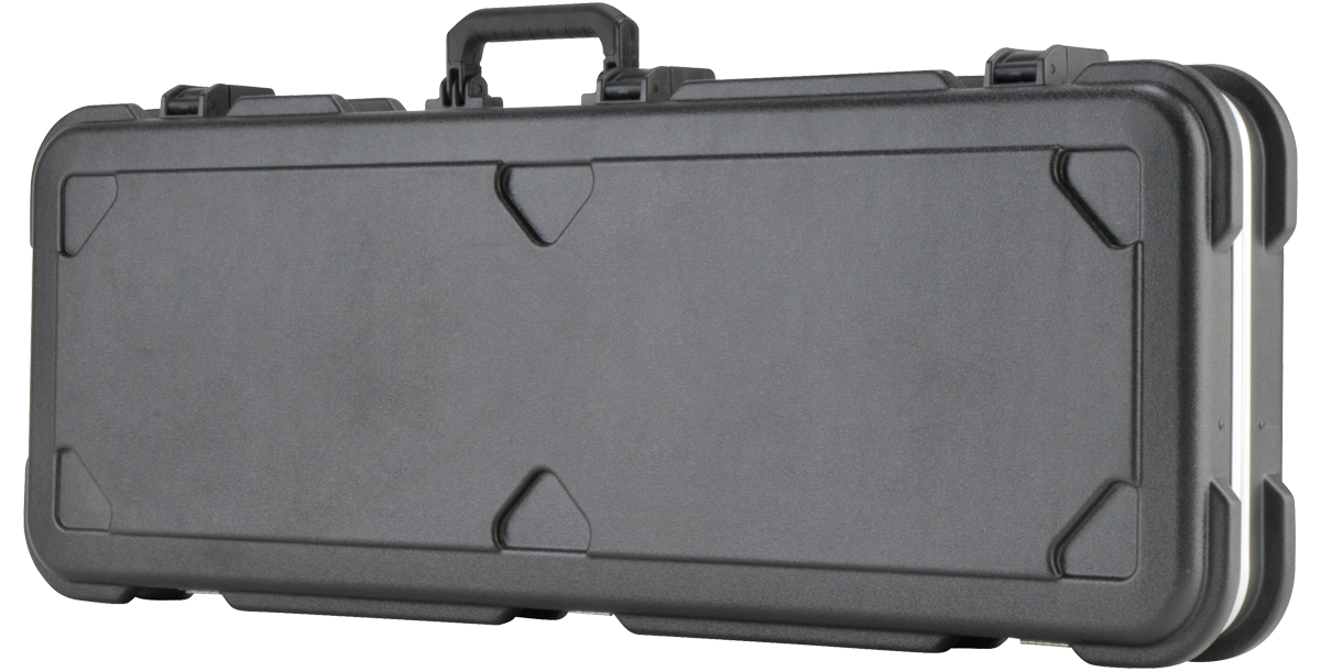 Closed universal electric guitar case with hard shell exterior, molded design, and ergonomic handle for Strat and Tele guitar protection.