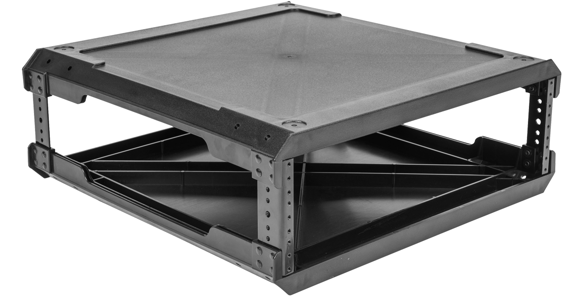 Side perspective of 3U injection molded rack frame 20” deep, featuring reinforced corners and open design for easy stacking and transport.
