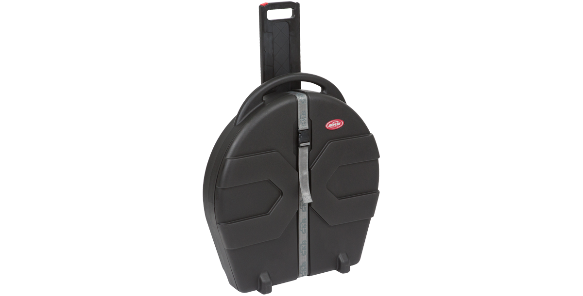 Rolling Cymbal Vault angled with extended handle and rugged shell, built for secure and convenient cymbal transportation.