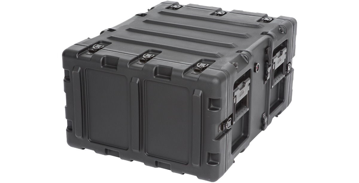 Back angled view of 20-inch Removable Shock Rack 5U RR Series showing secure latches and molded protective casing.