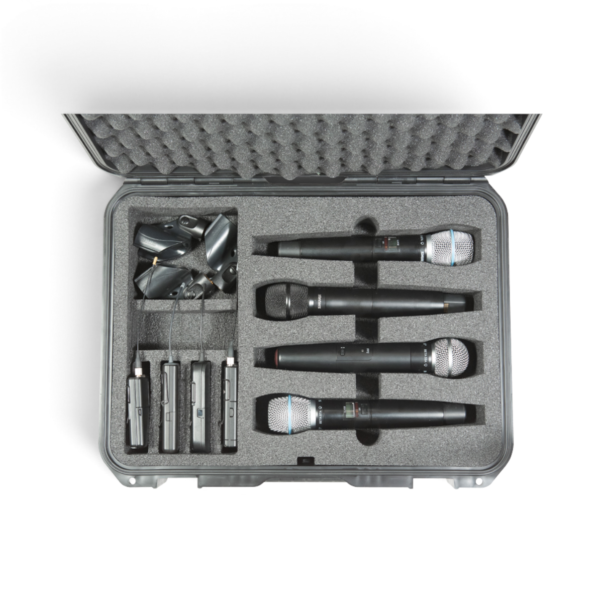 SKB Cases iSeries wireless microphone case with custom foam interior holding four handheld mics and body packs
