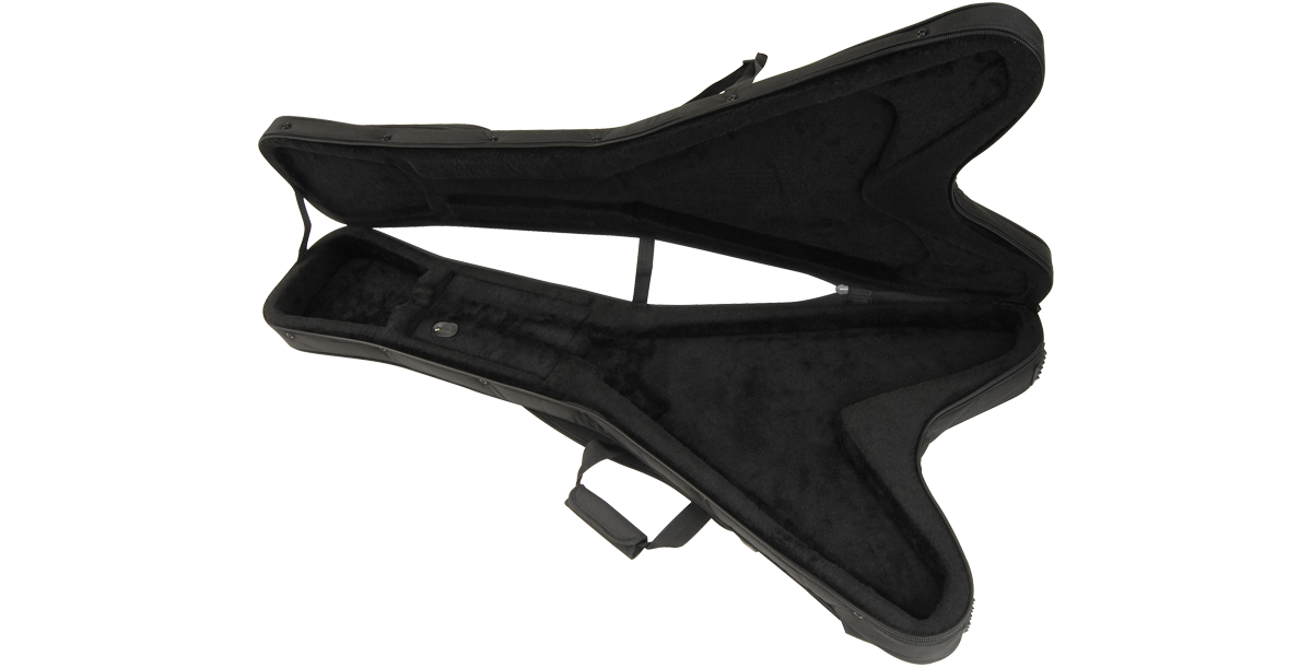 Interior view of Flying V guitar case with plush lining and molded foam support for enhanced guitar protection.