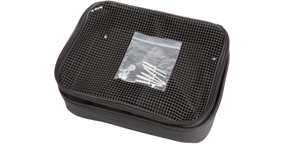Caster Accessory Bag for SKB Shockracks shown with mounting hardware inside mesh top, ideal for organized transport.