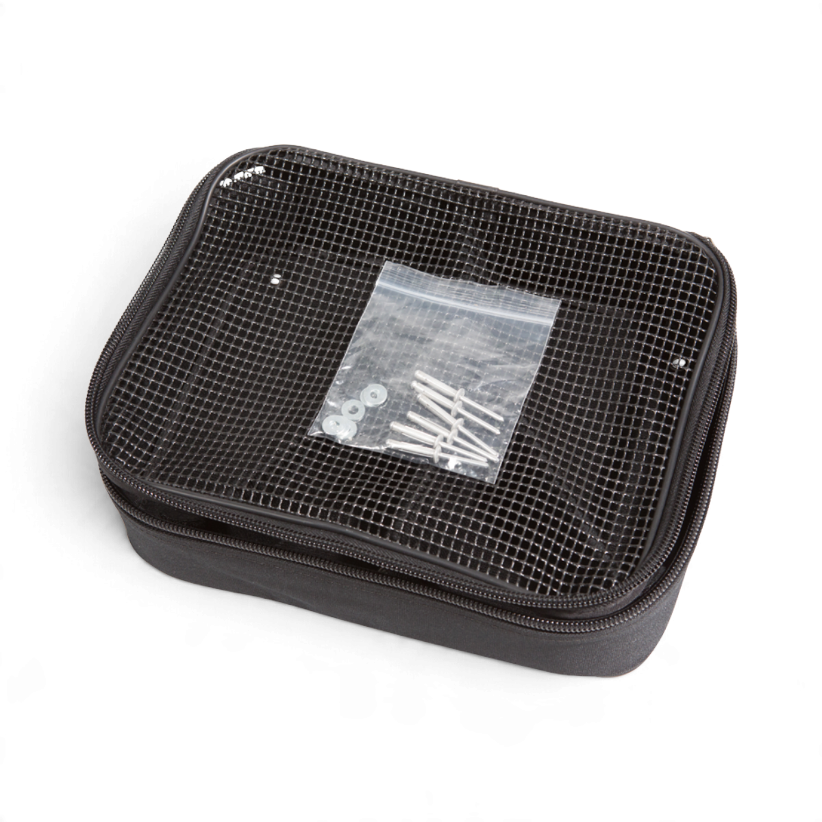 Caster Accessory Bag for SKB Shockracks shown with mounting hardware inside mesh top, ideal for organized transport.