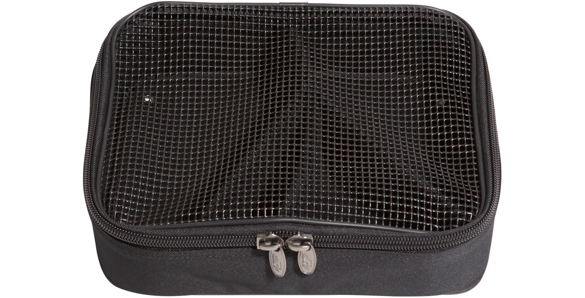 Top view of Caster Storage Bag with mesh cover and zipper closure, designed for caster and rack accessory organization.