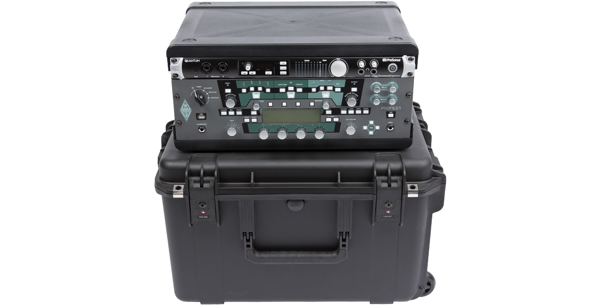 iSeries Fly Racks waterproof case featuring a mounted Kemper Profiler, ideal for secure transport of pro audio equipment with TSA latches.