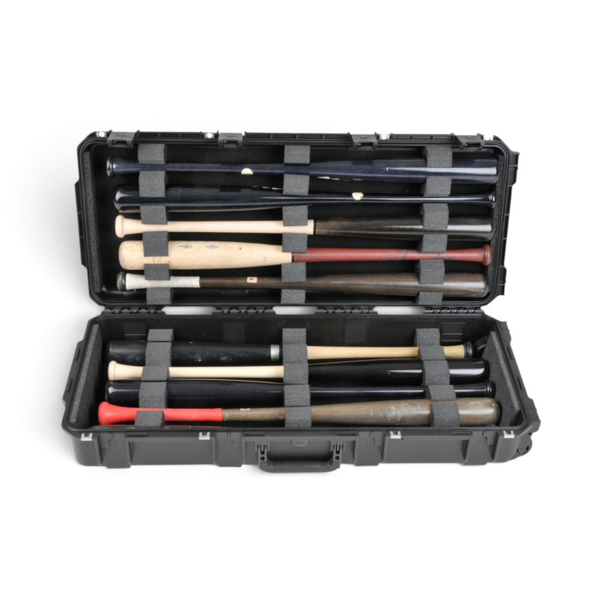 SKB Cases iSeries 3614-6 waterproof hard case with custom foam insert holding ten baseball bats