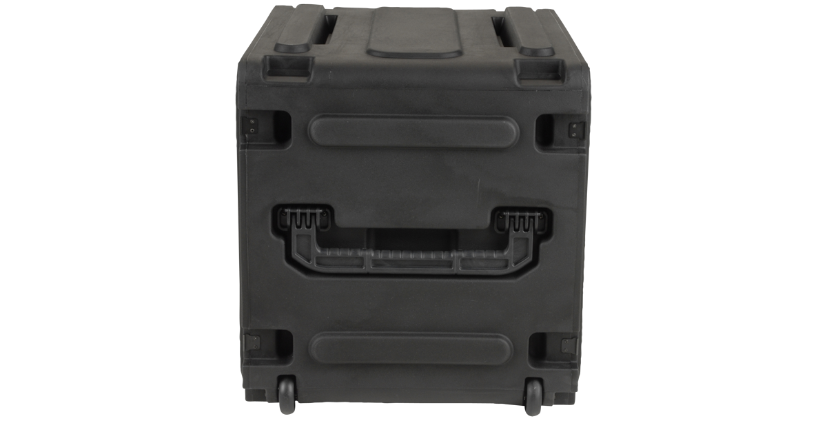 Back view of 20-inch Rolling Shock Rack featuring recessed handle and molded structure for easy mobility and stacking.