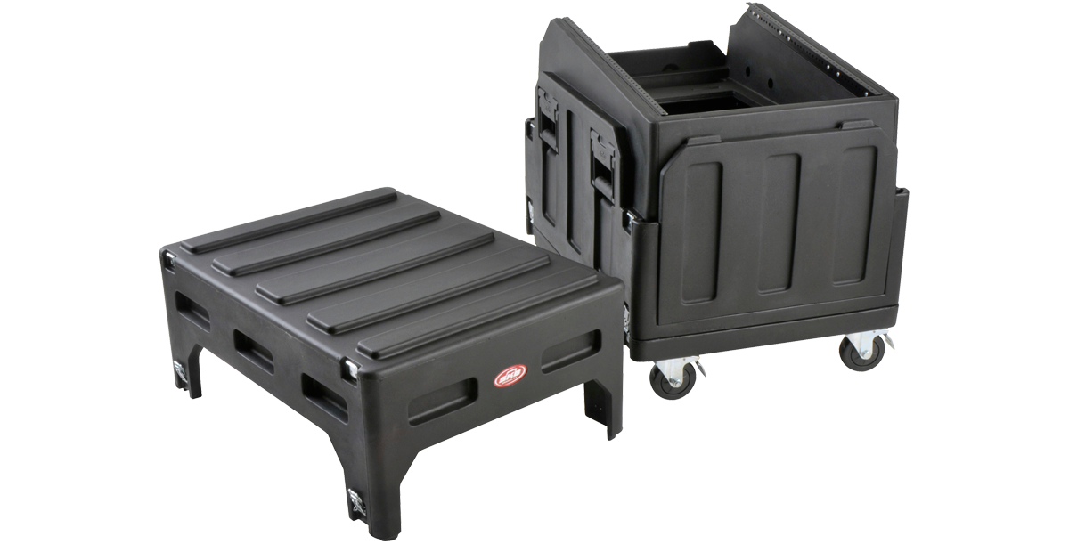 Mighty GigRig modular rolling rack system disassembled, showing top and bottom sections with rugged plastic construction and caster wheels.