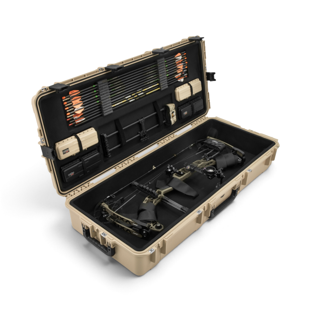 SKB Cases iSeries tan waterproof bow case with plush interior, archery bow, and organized arrow storage lid.