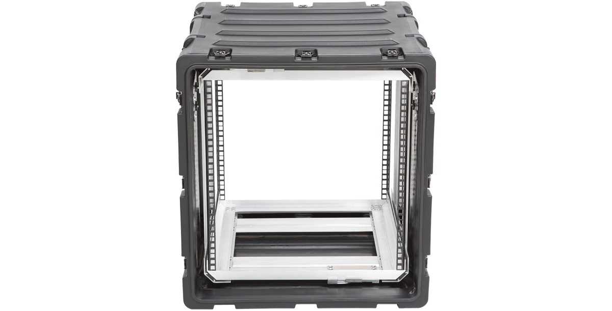 Front-facing view of 20-inch 11U shockproof rack, ideal for safeguarding electronic equipment with reinforced corners and watertight design.
