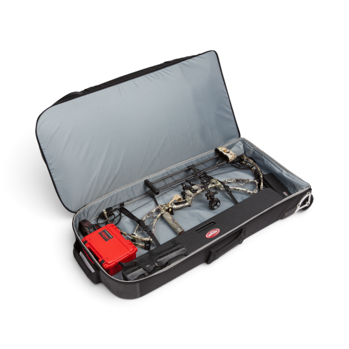 SKB Cases Bow Traveler rigid padded archery case containing a compound bow and red accessory box on white background