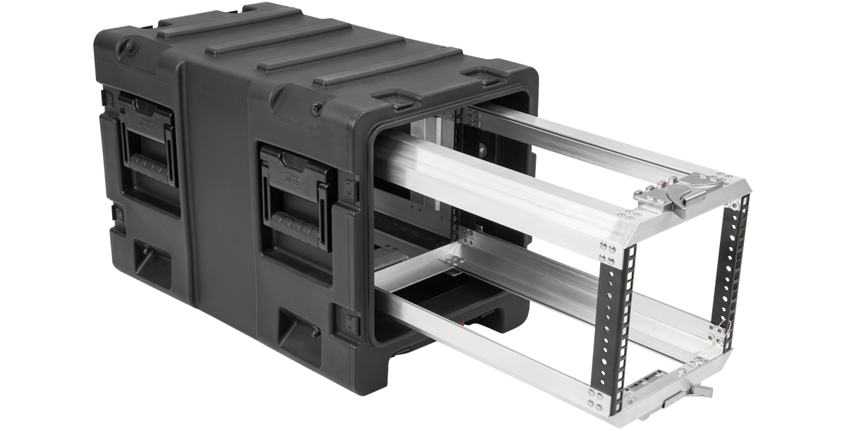Angled view of 20-inch Shock Rack Case showing extended rack frame and durable molded shell for protective portability.