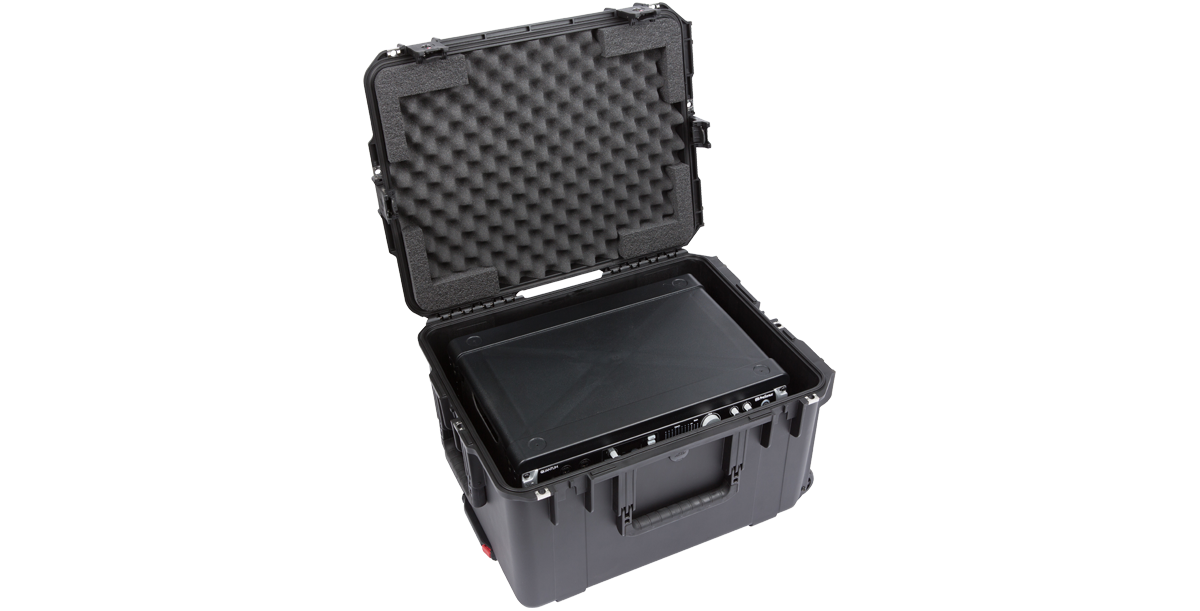 iSeries Fly Racks waterproof case opened at an angle, showing protective foam and removable rack for secure audio equipment storage.