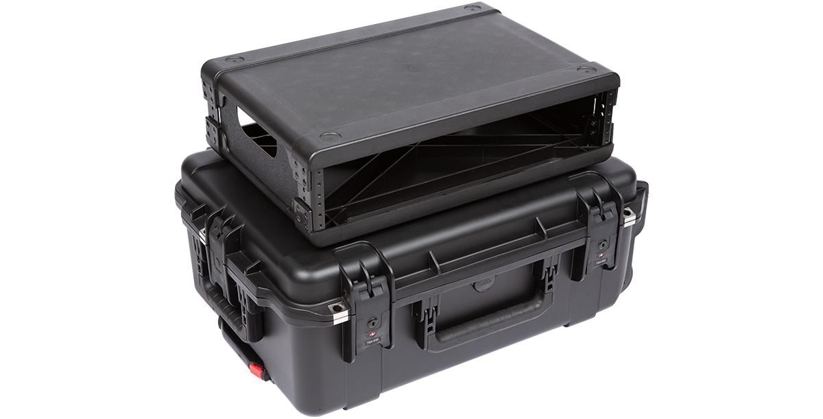 Rear angled view of empty SKB 2U iSeries Fly Rack, showing rack depth and durable molded case for secure equipment storage.
