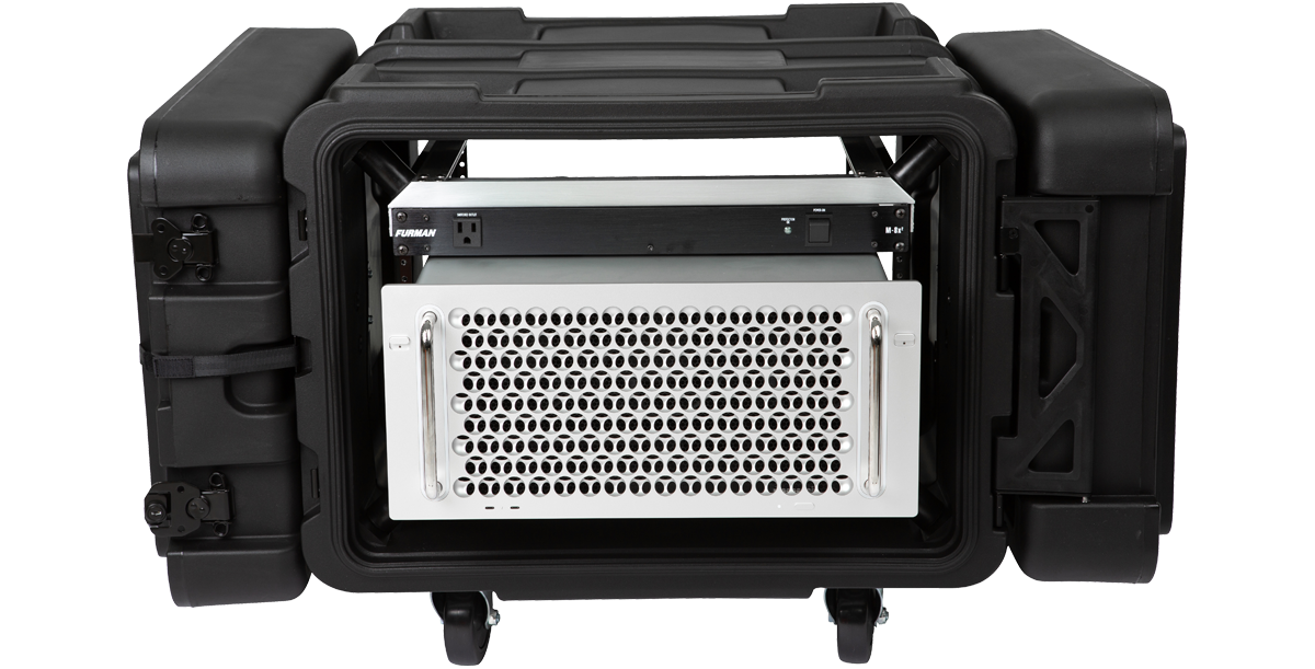 Front view of 6U Shock Rack - 24-inch rSeries with mounted Mac Pro and server unit, ideal for secure IT and pro audio transport.