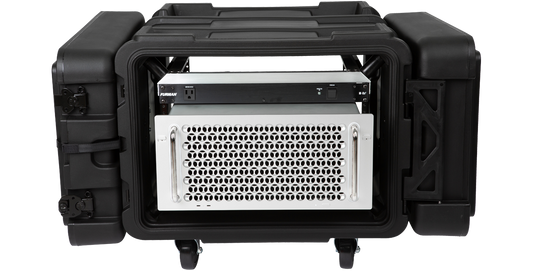Front view of 6U Shock Rack - 24-inch rSeries with mounted Mac Pro and server unit, ideal for secure IT and pro audio transport.