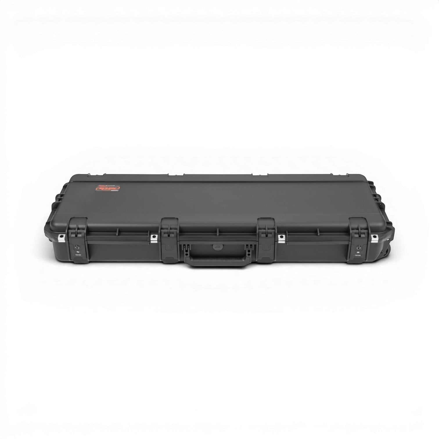 Front view of sealed Strat Tele guitar case with heavy-duty latches and ergonomic handle for secure transport.
