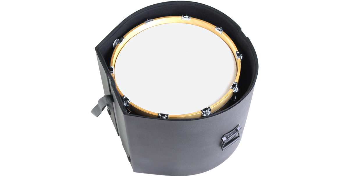 14 x 20 drum case with padded interior securely holding a bass drum; ideal for marching band percussion transport and protection.