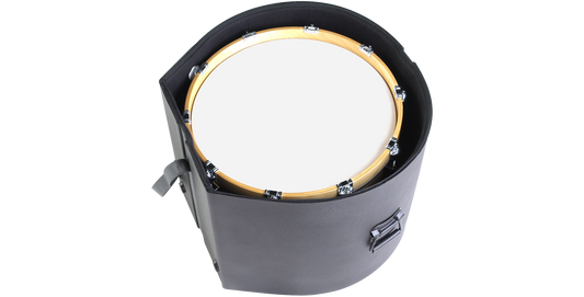 14 x 20 drum case with padded interior securely holding a bass drum; ideal for marching band percussion transport and protection.