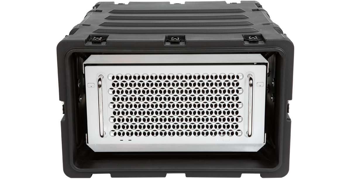 Front view of 5U 24-inch deep shock rack case with Mac Pro securely mounted inside. Lightweight and impact-resistant for electronic gear protection.