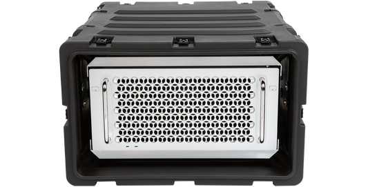 Front view of 5U 24-inch deep shock rack case with Mac Pro securely mounted inside. Lightweight and impact-resistant for electronic gear protection.