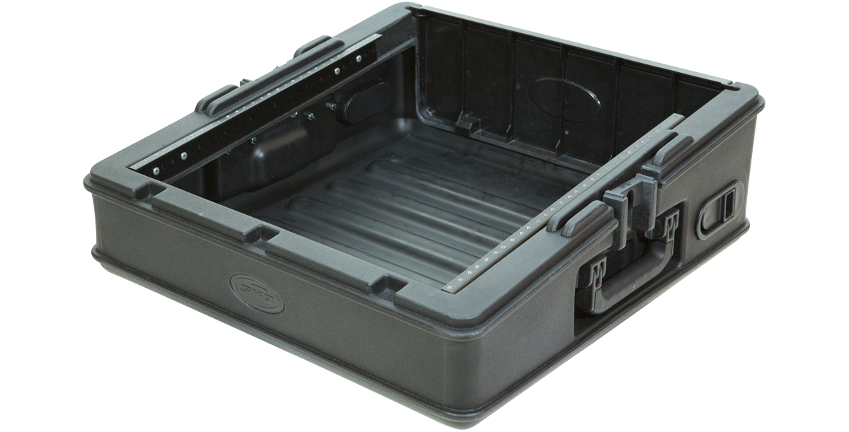 Angled rear view of open 10U Mixer Rack Case with molded handles and reinforced corners for transport durability.
