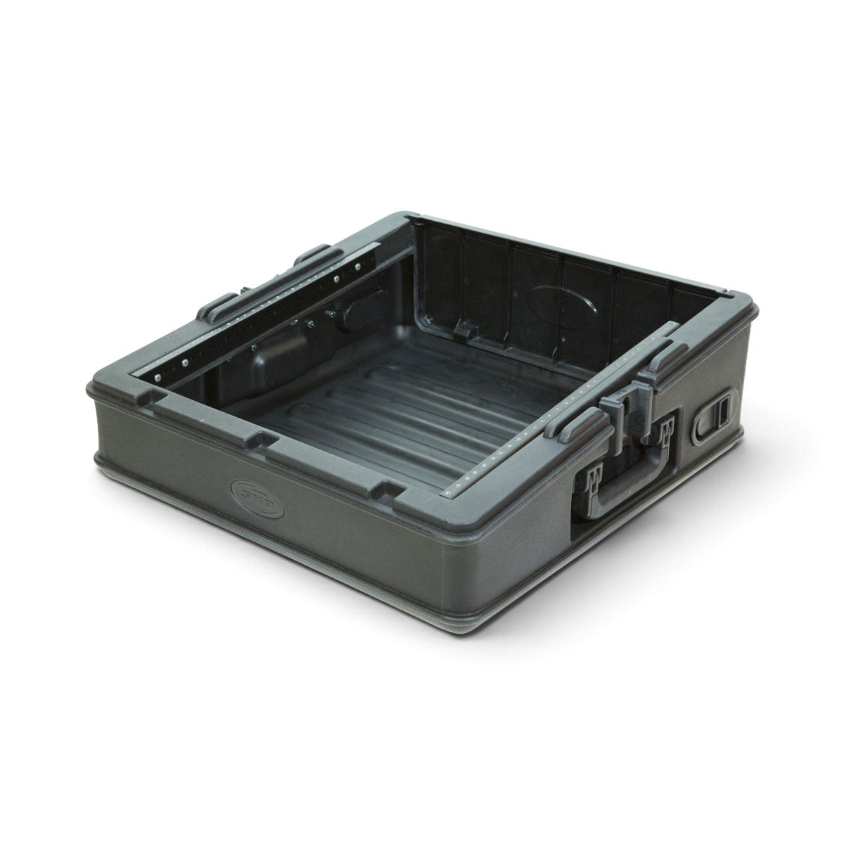 Angled rear view of open 10U Mixer Rack Case with molded handles and reinforced corners for transport durability.