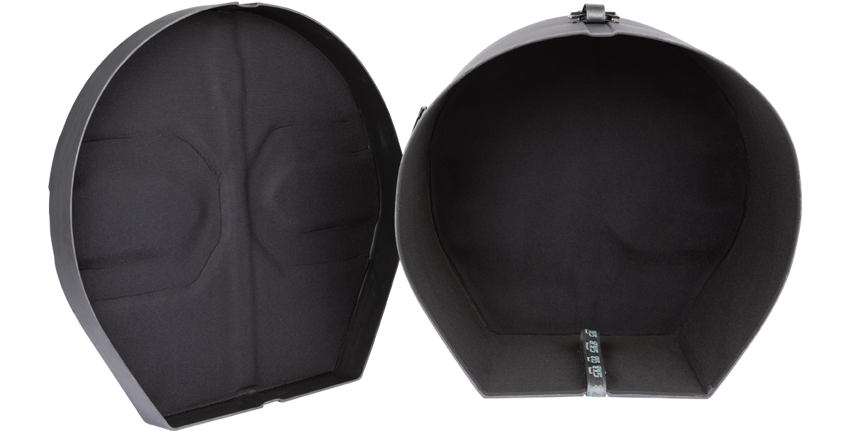 Interior view of 14x26 marching bass drum case with full padding and Roto-X molded shell, offering maximum protection for percussion gear.