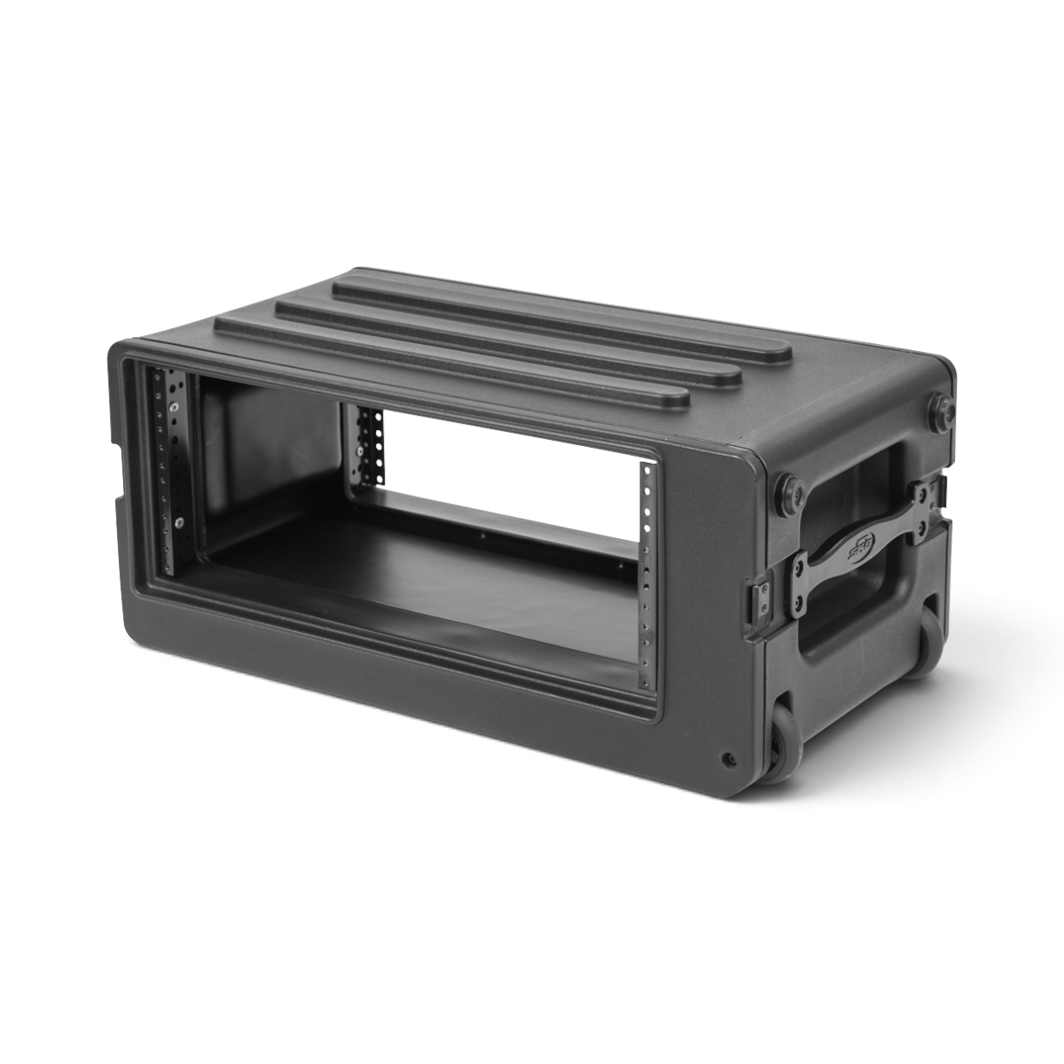 SKB Cases 4U rSeries shallow rolling rack in black polyethylene with side wheels and recessed steel latches