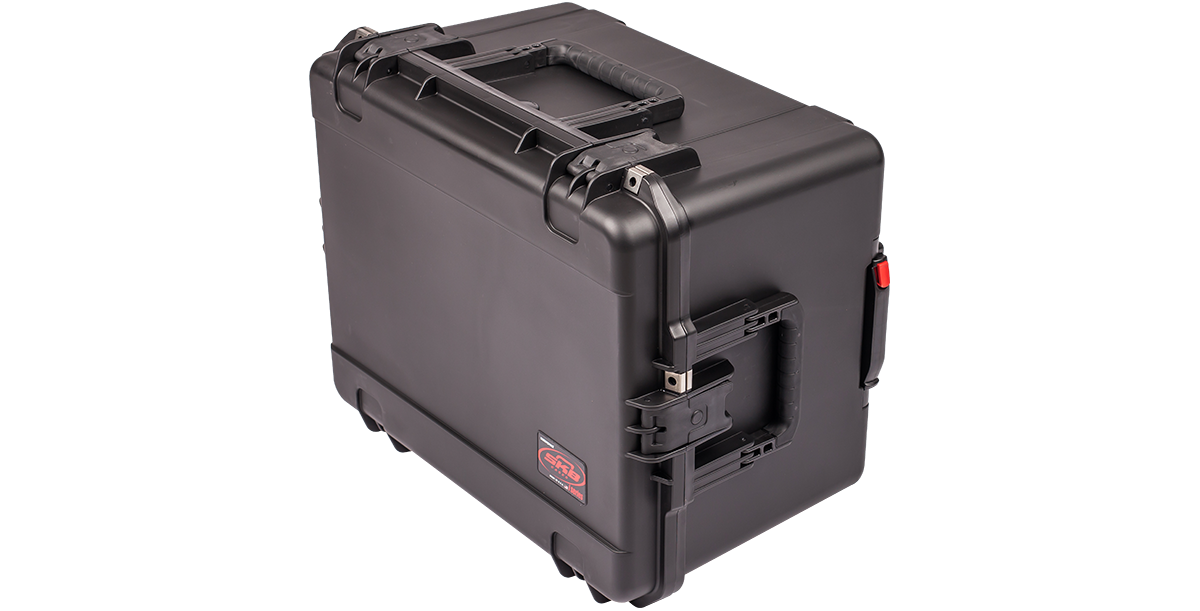 Angled side view of iSeries 2217-12 Case - High-Strength Waterproof with secure latches and molded handle for accessory kits.
