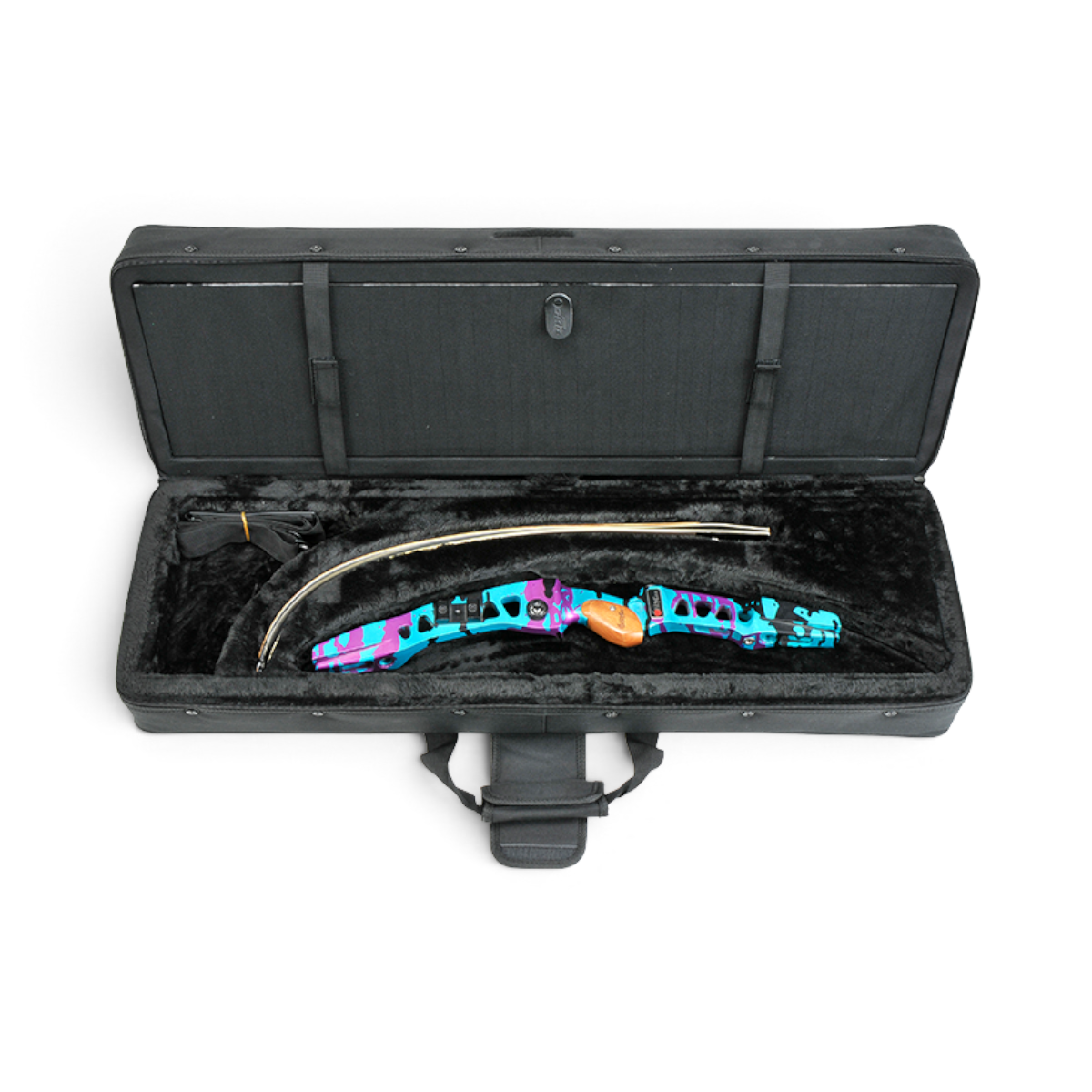 SKB Cases Hybrid 3410 recurve bow case with black ballistic nylon exterior and foam interior holding a bow riser.