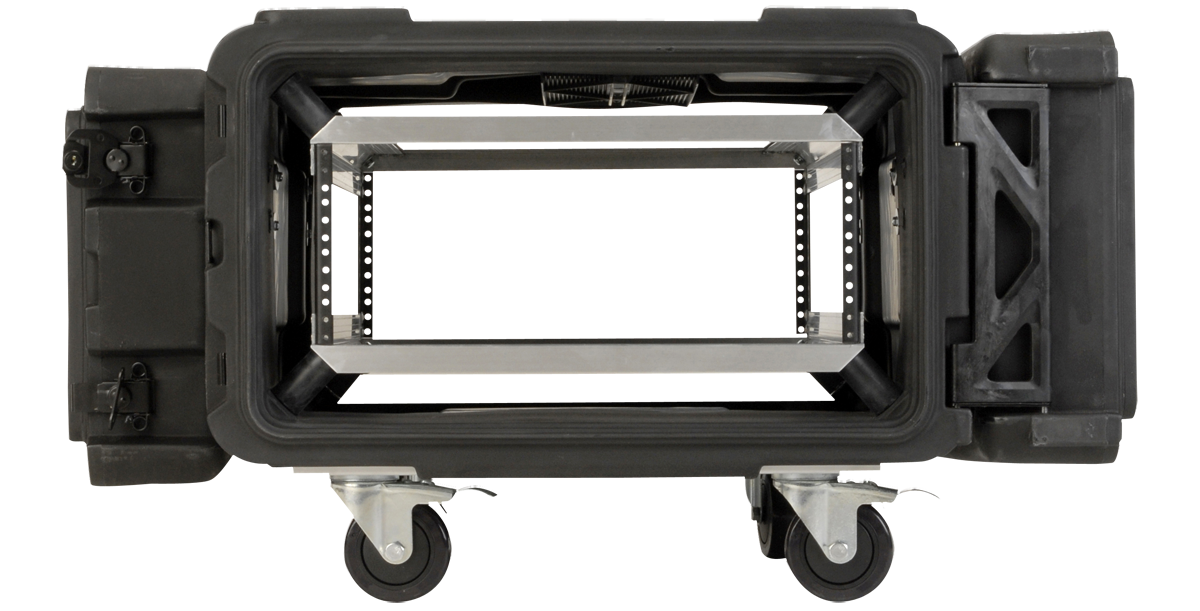 Top view of 4U 30-inch Roto Shock Rack with aluminum frame and shock-absorbing design for IT equipment and server protection.