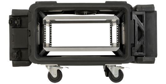 Top view of 4U 30-inch Roto Shock Rack with aluminum frame and shock-absorbing design for IT equipment and server protection.