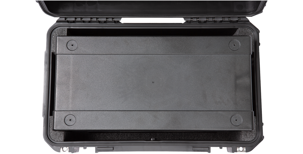 Top-down view of Injection Molded Fly Rack with rack shelf installed, ideal for securely mounting studio equipment.