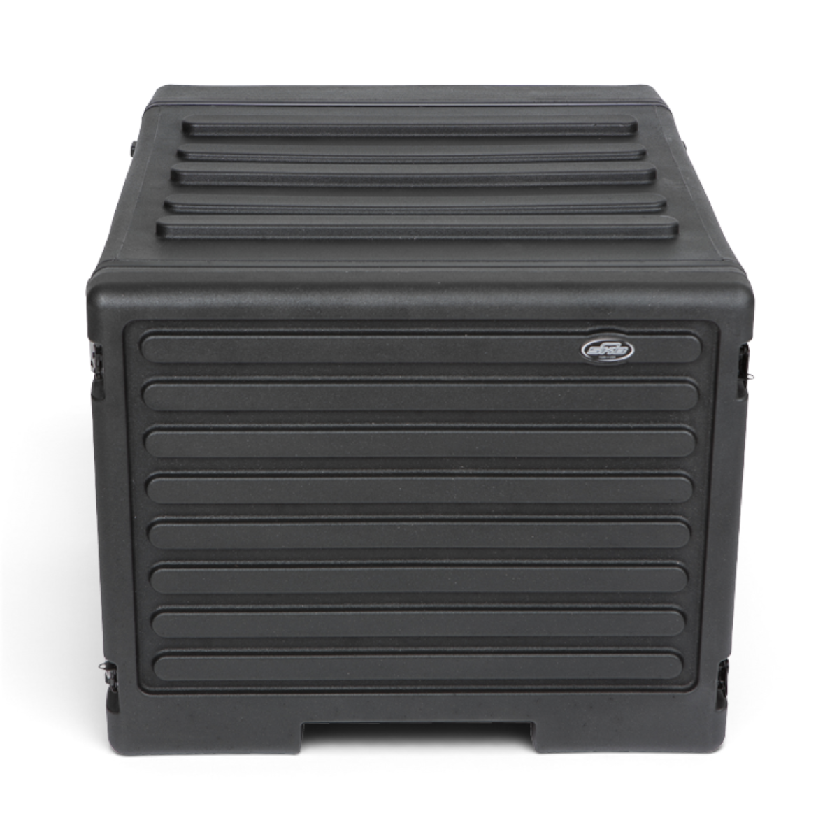 Rear view of closed 8U SKB Rolling Rack with secure latches and molded paneling for added strength during transport and storage.